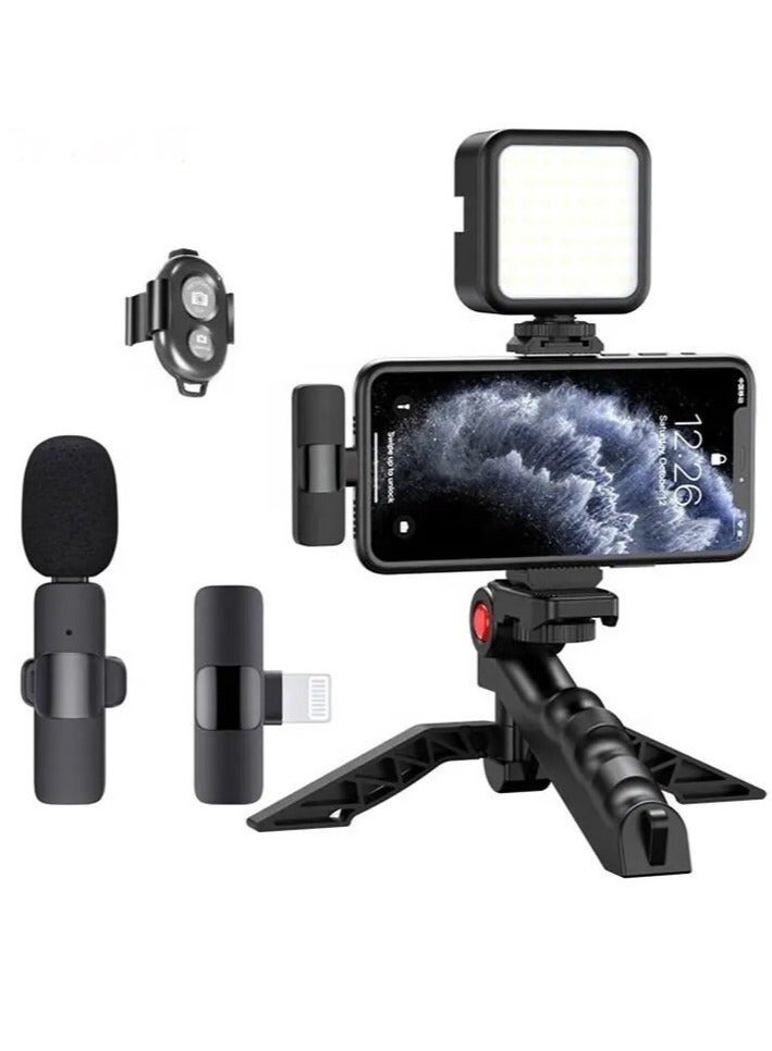 NEW Professional Vlogging Kit – Remote Control, Foldable Tripod, LED Lamp,  Wireless Lavalier Microphone for iPhone - Image 1