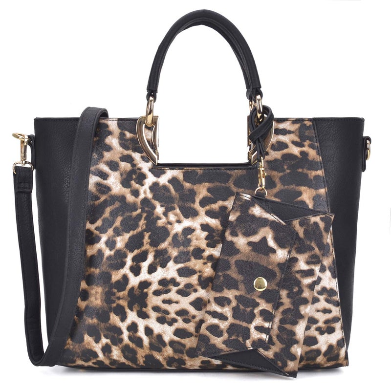 Dasein Womens Tote Satchel Top Handle Shoulder Bag Two Tone Purse Handbag wCoin Purse Leopard