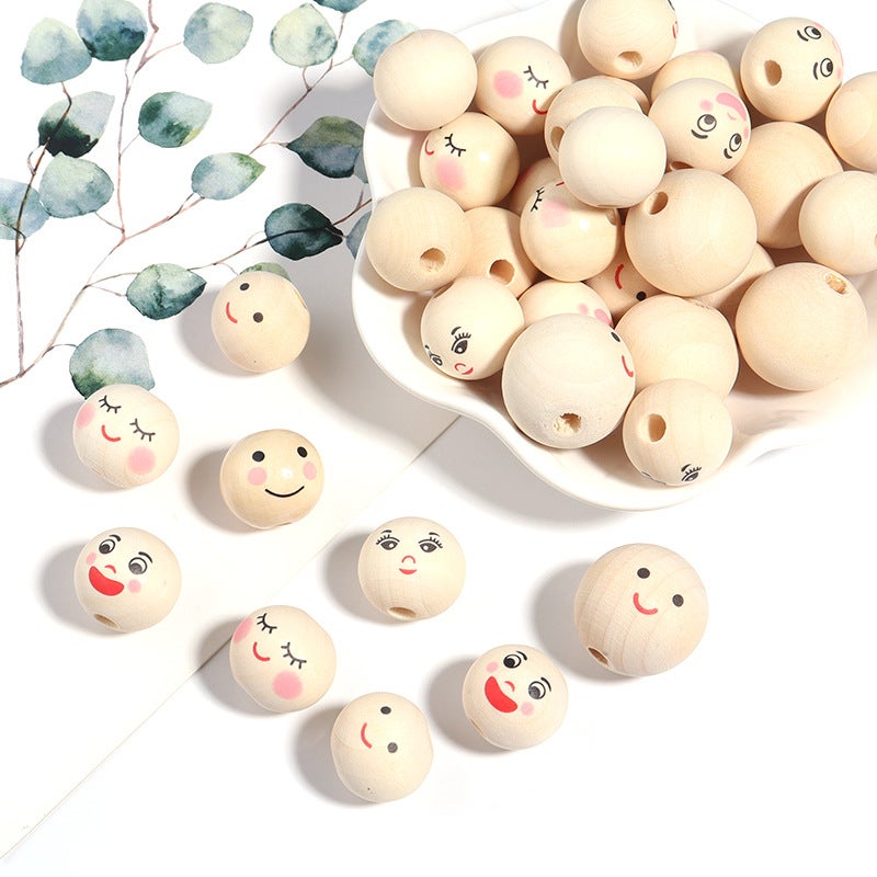 Diy Children'S Beaded Accessories Wood Color Smiley Face Doll Head Female Doll Hemu Round Beads Loose Beads Beaded Accessories - Image 2