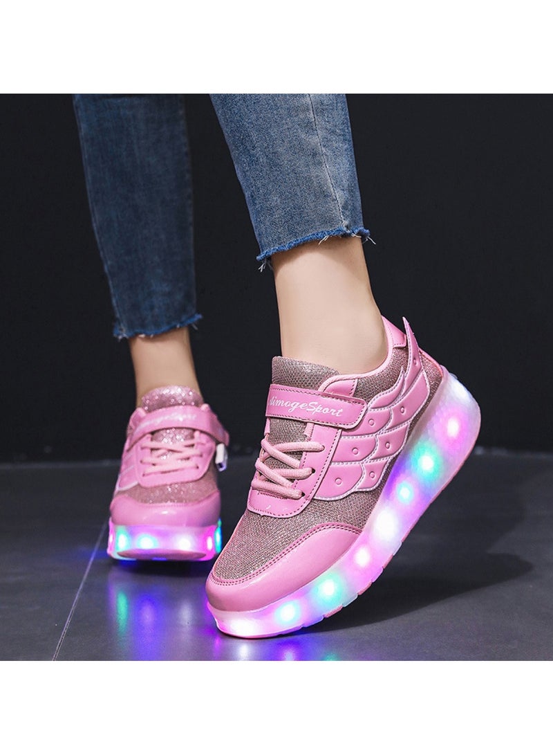 Huitich Pink Double-Wheel LED Roller Skate Shoes for Kids – Deformable Sneakers Size 29 / Inner Length 19.5cm  - Image 5
