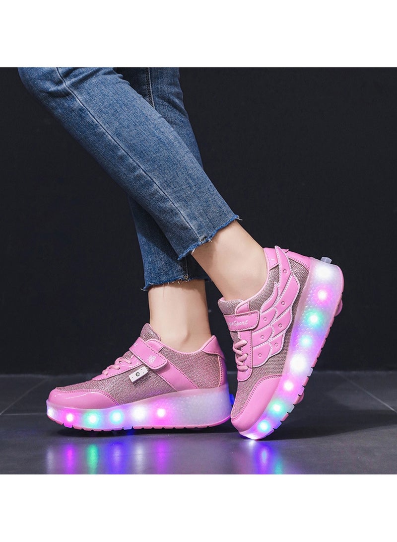 Huitich Pink Double-Wheel LED Roller Skate Shoes for Kids – Deformable Sneakers Size 29 / Inner Length 19.5cm  - Image 4