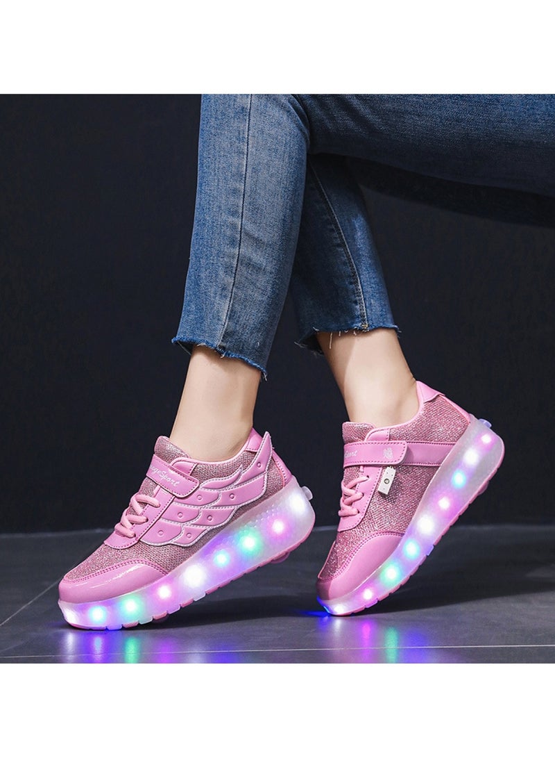 Huitich Pink Double-Wheel LED Roller Skate Shoes for Kids – Deformable Sneakers Size 29 / Inner Length 19.5cm  - Image 3