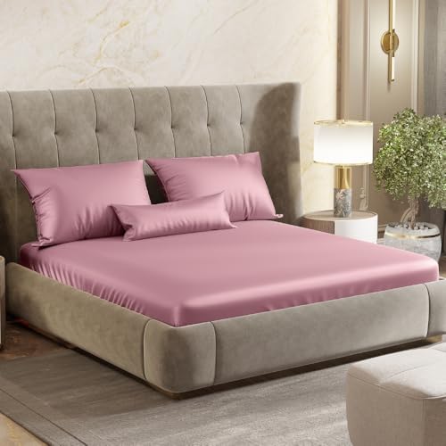 haus & kinder Satin Bedsheets, King Size Bedsheet, 300 TC Premium Satin Elastic Fitted King Size Bed Sheet (72 X 78 X 10 Inches) with 2 Pillow Covers, Elegance and Comfort redefended -Muted Rose - Image 1
