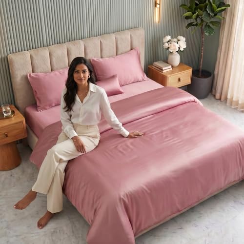 haus & kinder Satin Bedsheets, King Size Bedsheet, 300 TC Premium Satin Elastic Fitted King Size Bed Sheet (72 X 78 X 10 Inches) with 2 Pillow Covers, Elegance and Comfort redefended -Muted Rose - Image 3