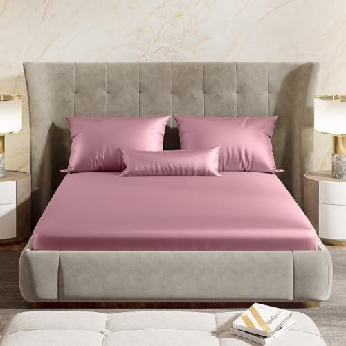 haus & kinder Satin Bedsheets, King Size Bedsheet, 300 TC Premium Satin Elastic Fitted King Size Bed Sheet (72 X 78 X 10 Inches) with 2 Pillow Covers, Elegance and Comfort redefended -Muted Rose - Image 2