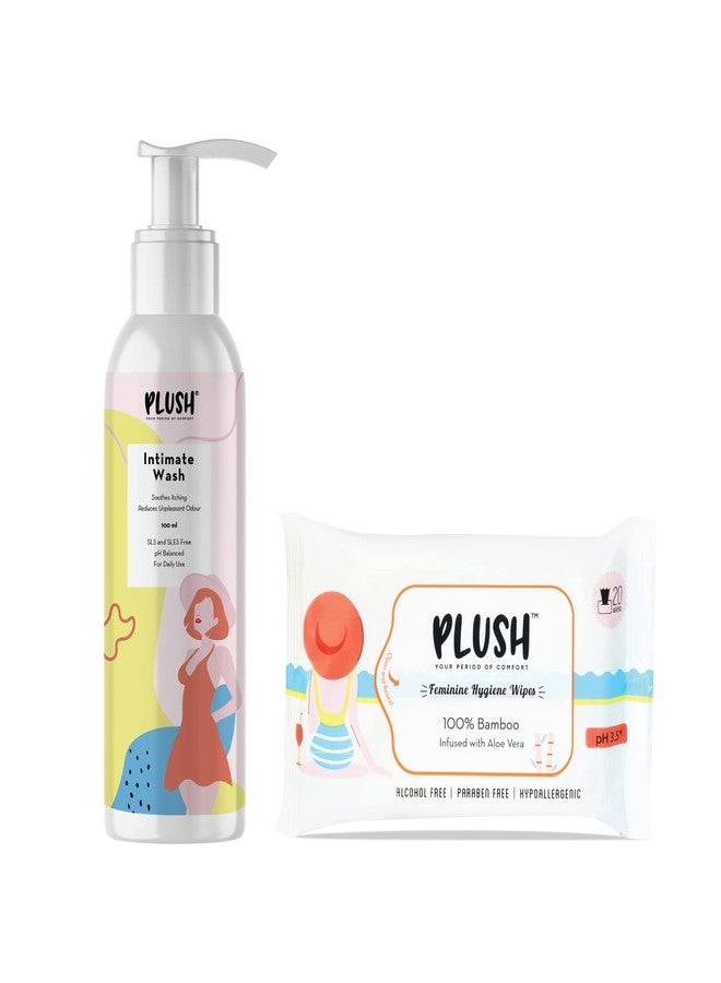 Plush Bamboo-made Intimate Vaginal Wipes For Women Daily Use with Aloe Vera (20 Wipes) + Intimate & Vaginal Wash 100gm | 100% Biodegradable | Maintains Vagina pH Balance | Chemicals Free Intimate Hygiene - Image 1