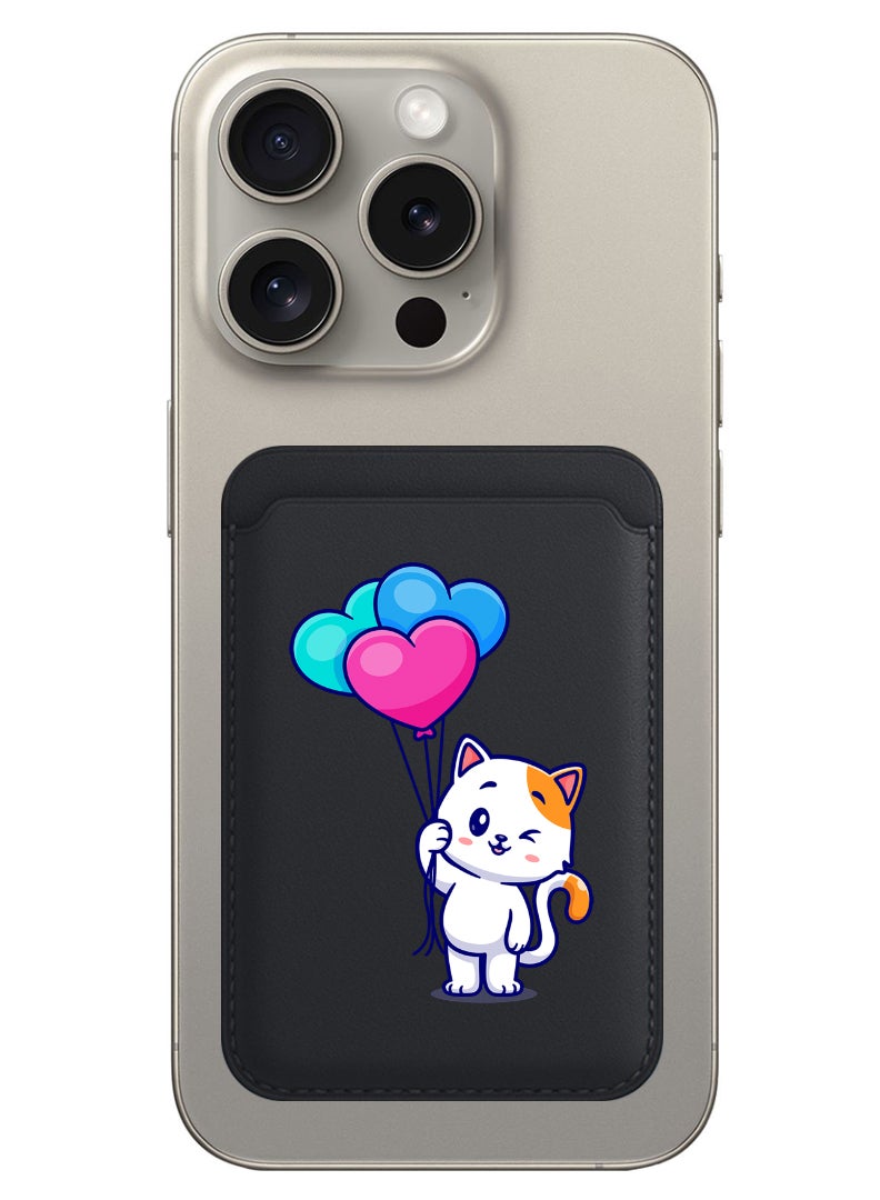 Theodor Magnetic Wallet, Compatible with MagSafe Wallet, for iPhone Wallet, for iPhone 16/15/14/13/12 Series, Not for iPhone 13/12 mini, 3 Card Holder, Vegan Leather, Black - Cat holding Baloons - Image 1