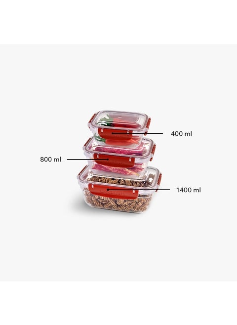 Dunia Fresh & Lock Red Rectangular 3-Piece Food Storage Refrigerator Container Set - With Airtight Lid - BPA-Free (400-800-1400) ML
