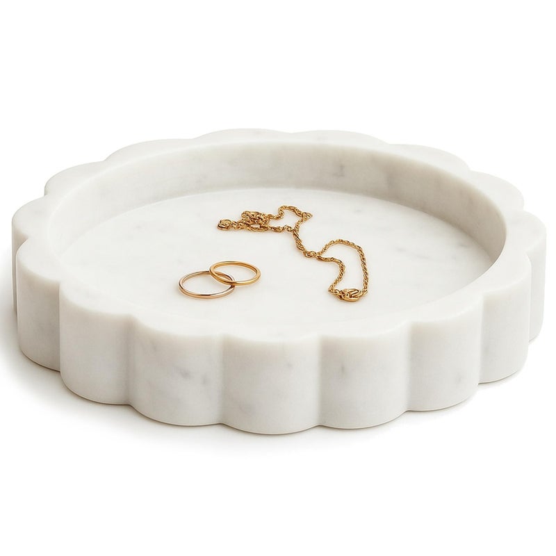 STRONA White Scalloped Marble Tray - 8" Round Stone Vanity Tray for Perfume & Jewelry, Marble Dish for Bathroom Countertop & Kitchen Counter, Decorative Tray for Bathroom & Kitchen, Modern Catchall - Image 1