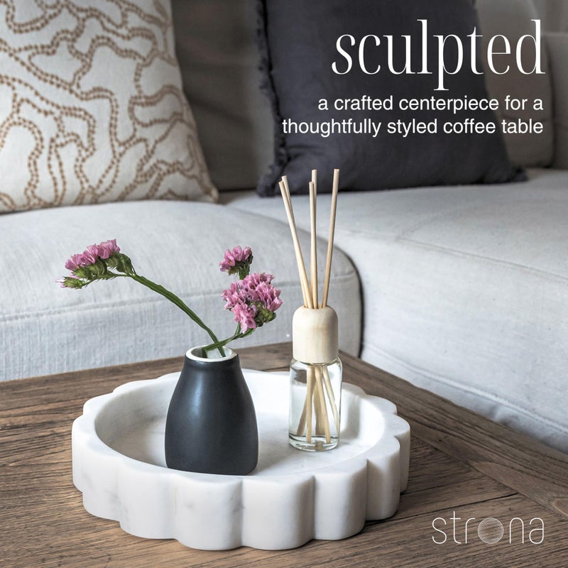 STRONA White Scalloped Marble Tray - 8" Round Stone Vanity Tray for Perfume & Jewelry, Marble Dish for Bathroom Countertop & Kitchen Counter, Decorative Tray for Bathroom & Kitchen, Modern Catchall - Image 4