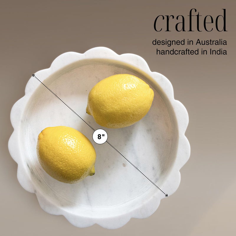 STRONA White Scalloped Marble Tray - 8" Round Stone Vanity Tray for Perfume & Jewelry, Marble Dish for Bathroom Countertop & Kitchen Counter, Decorative Tray for Bathroom & Kitchen, Modern Catchall - Image 3