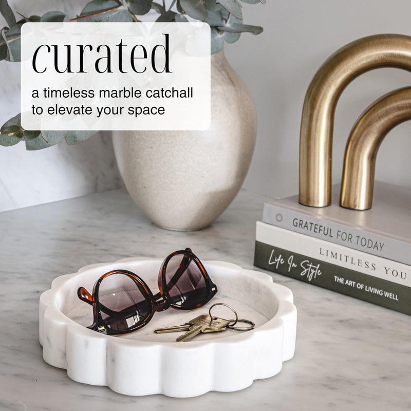 STRONA White Scalloped Marble Tray - 8" Round Stone Vanity Tray for Perfume & Jewelry, Marble Dish for Bathroom Countertop & Kitchen Counter, Decorative Tray for Bathroom & Kitchen, Modern Catchall - Image 2