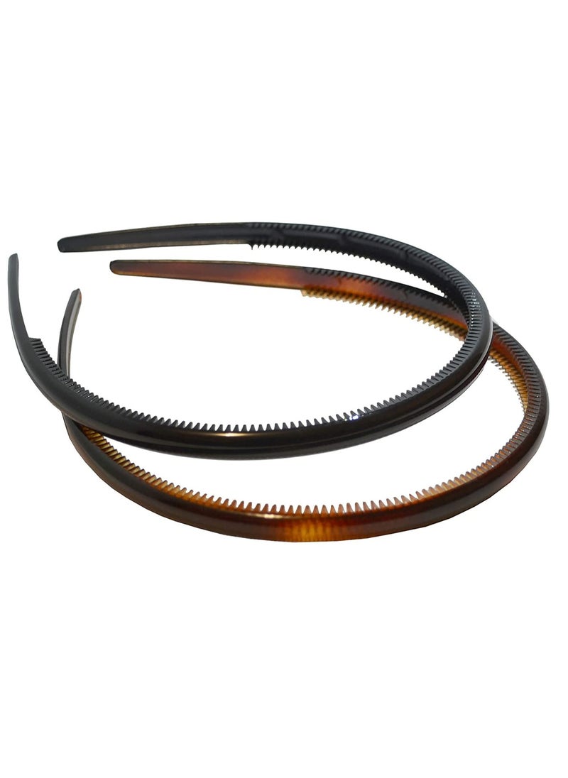 Parcelona Parcelona French Thin Set of 2 Tortoise Shell Brown and Black Hair Headbands with Inner Teeth Nibs 