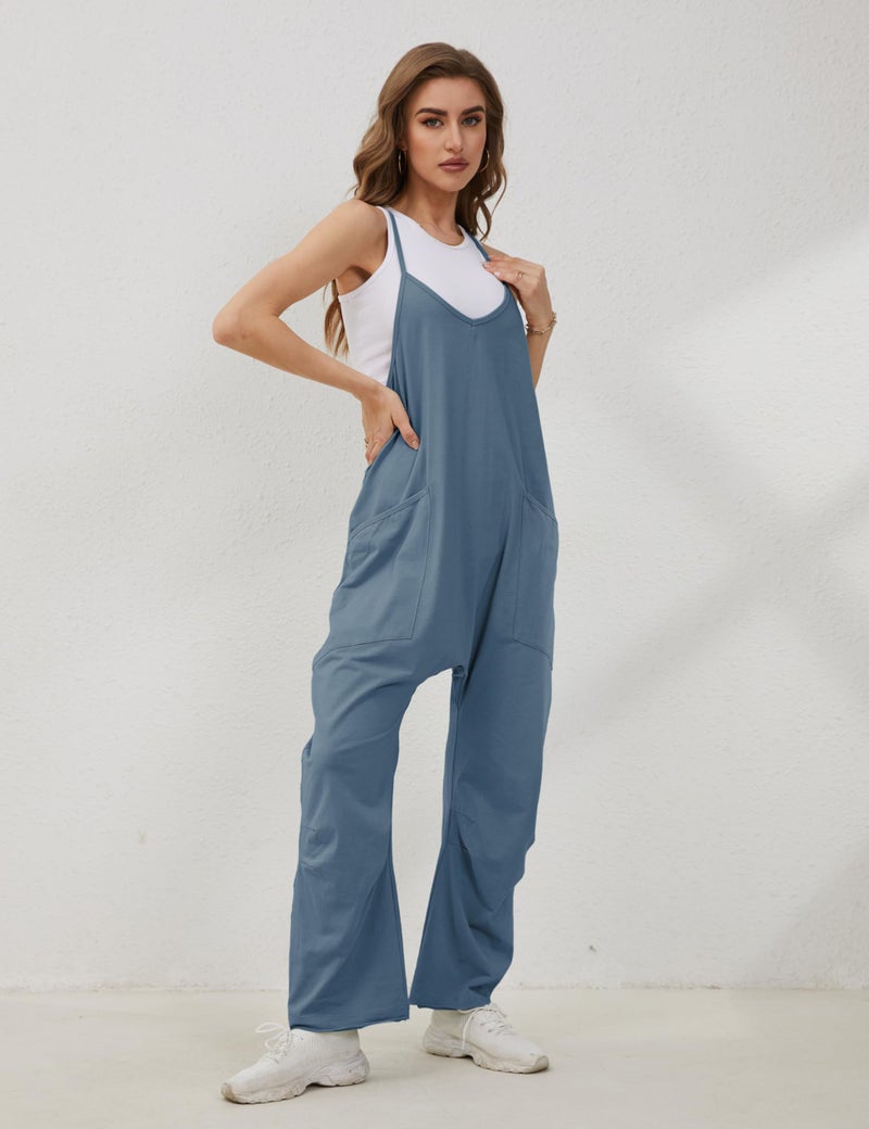 Lentta Women's Causal Jumpsuits V Neck Sleeveless Harem Overalls Stretchy Adjustable Strap Romper with Pockets(BlueGrey-XXL) - Image 5