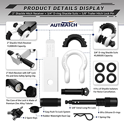 AUTMATCH Shackle Hitch Receiver 2 Inch - 3/4" D Ring Shackle and 5/8" Trailer Hitch Lock Pin, 45,000 Lbs Break Strength Heavy Duty Receiver Towing Kit for Off-Road Vehicle Recovery, White - Image 2