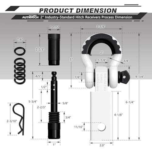 AUTMATCH Shackle Hitch Receiver 2 Inch - 3/4" D Ring Shackle and 5/8" Trailer Hitch Lock Pin, 45,000 Lbs Break Strength Heavy Duty Receiver Towing Kit for Off-Road Vehicle Recovery, White - Image 3
