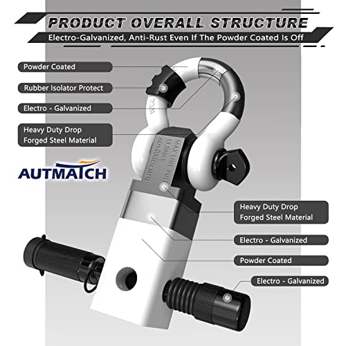 AUTMATCH Shackle Hitch Receiver 2 Inch - 3/4" D Ring Shackle and 5/8" Trailer Hitch Lock Pin, 45,000 Lbs Break Strength Heavy Duty Receiver Towing Kit for Off-Road Vehicle Recovery, White - Image 4