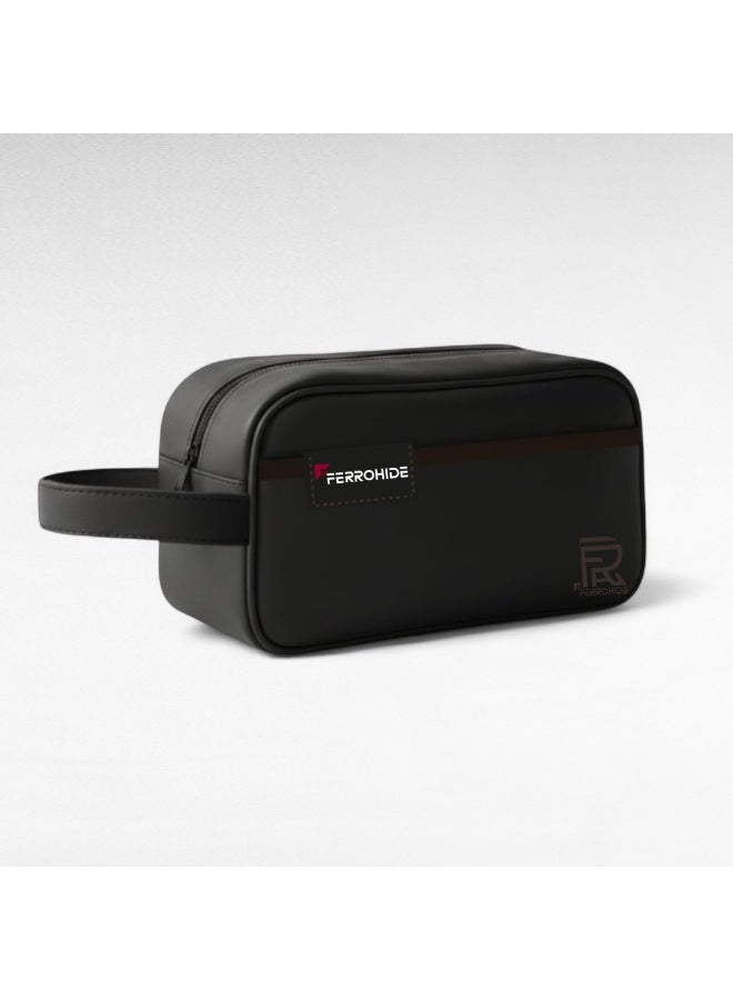 فيروهيد حقيبة أدوات تجميل وسفر من الجلد الطبيعي للرجال من فيروهايد - حقيبة تنظيم متعددة الأغراض من الجلد الطبيعي - حقيبة سفر صغيرة للهاتف والشاحن المتنقل والمحفظة وسماعات الأذن - أسود - Image 1