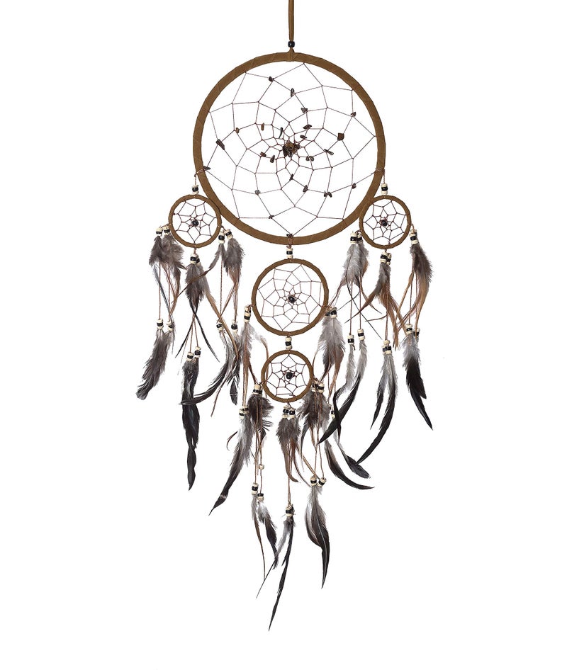OMA Dream Catcher Wall Hanging with Tiger Eye Stones and Feathers, Brown Suede Traditional Dream Catcher Boho Home Decor Bedroom Decoration Gift Large Size - 28" Long x 9" Diameter - Image 1