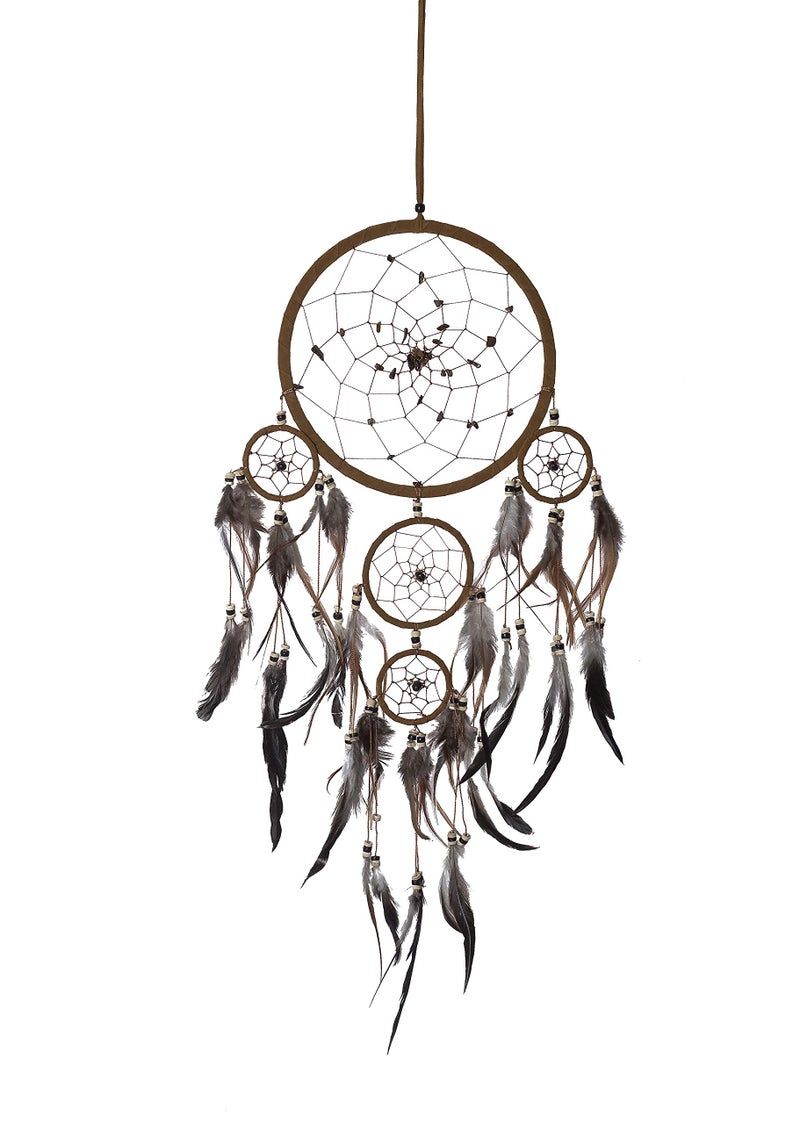 OMA Dream Catcher Wall Hanging with Tiger Eye Stones and Feathers, Brown Suede Traditional Dream Catcher Boho Home Decor Bedroom Decoration Gift Large Size - 28" Long x 9" Diameter - Image 2