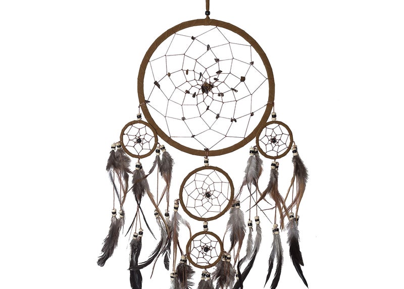 OMA Dream Catcher Wall Hanging with Tiger Eye Stones and Feathers, Brown Suede Traditional Dream Catcher Boho Home Decor Bedroom Decoration Gift Large Size - 28" Long x 9" Diameter - Image 3