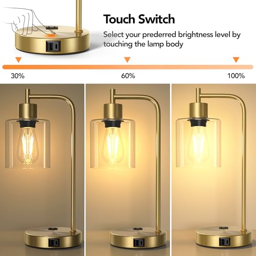 QiMH Set of 2 Industrial Touch Control Table Lamps with 2 USB Ports and 2 AC Outlets, 3-Way Dimmable Bedside Nightstand Reading Lamps with 2700K LED Bulbs, Glass Desk Lamp for Living Room,Bedroom - Image 2