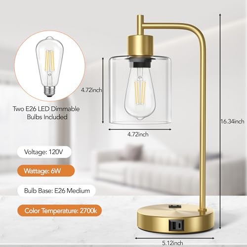 QiMH Set of 2 Industrial Touch Control Table Lamps with 2 USB Ports and 2 AC Outlets, 3-Way Dimmable Bedside Nightstand Reading Lamps with 2700K LED Bulbs, Glass Desk Lamp for Living Room,Bedroom - Image 3