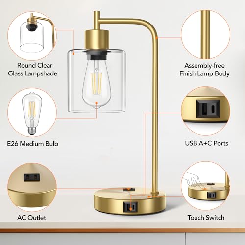 QiMH Set of 2 Industrial Touch Control Table Lamps with 2 USB Ports and 2 AC Outlets, 3-Way Dimmable Bedside Nightstand Reading Lamps with 2700K LED Bulbs, Glass Desk Lamp for Living Room,Bedroom - Image 5