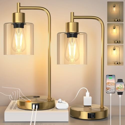 QiMH Set of 2 Industrial Touch Control Table Lamps with 2 USB Ports and 2 AC Outlets, 3-Way Dimmable Bedside Nightstand Reading Lamps with 2700K LED Bulbs, Glass Desk Lamp for Living Room,Bedroom - Image 1