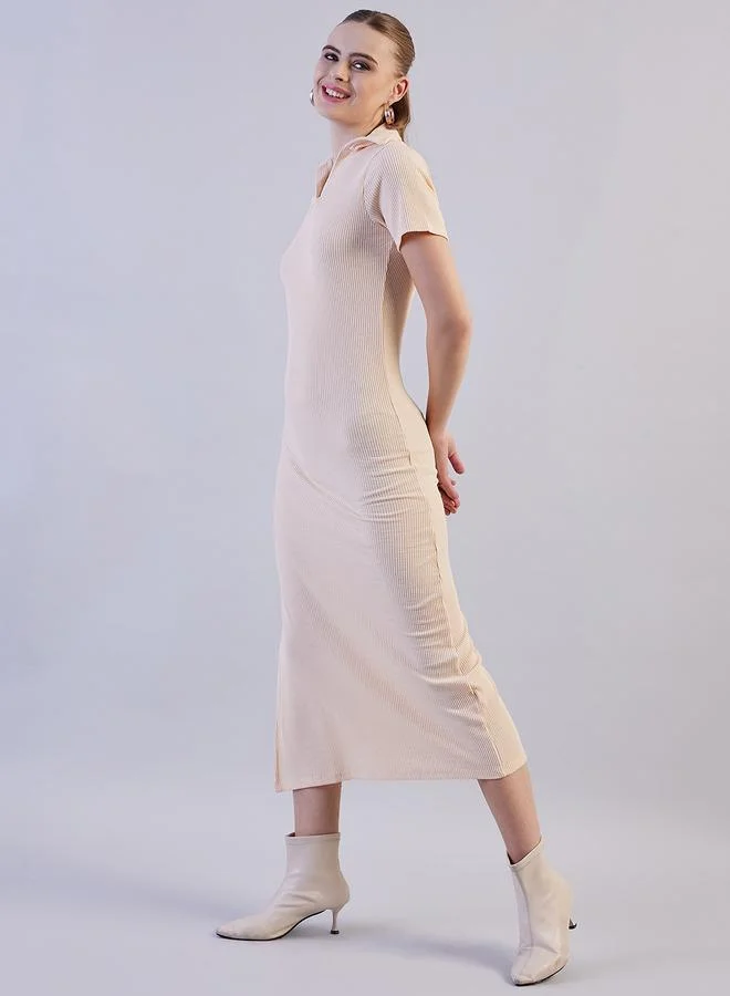 Freehand  Off White Ribbed Short Sleeve Midi Dress for Women | Best Price UAE