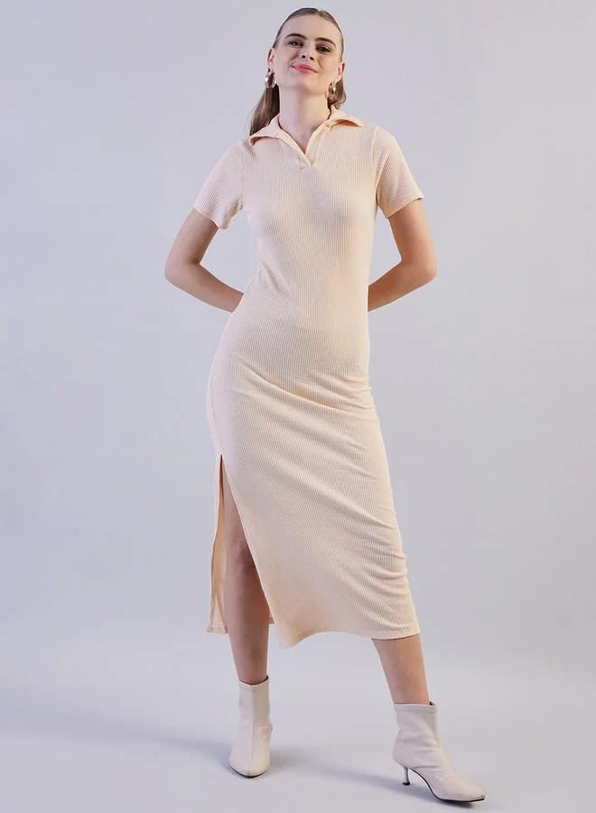 Freehand  Off White Ribbed Short Sleeve Midi Dress for Women | Best Price UAE