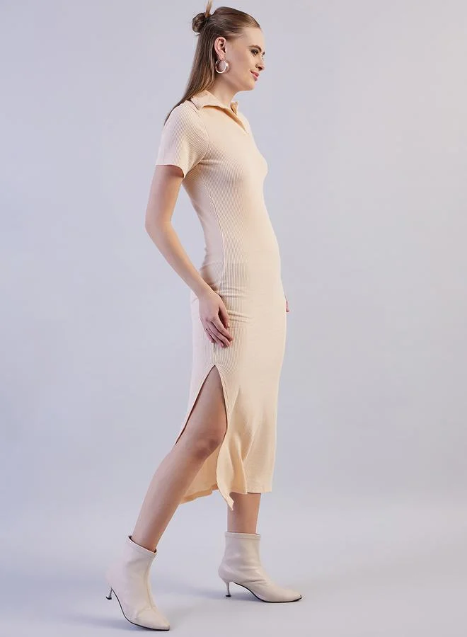 Freehand  Off White Ribbed Short Sleeve Midi Dress for Women | Best Price UAE