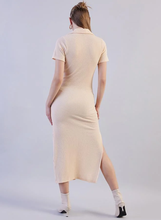 Freehand  Off White Ribbed Short Sleeve Midi Dress for Women | Best Price UAE