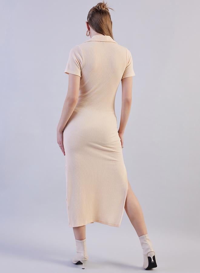 مرفوعة فستان ميدي مضلع بأكمام قصيرة - Image 4