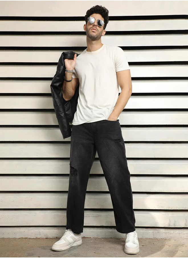HIGH STAR Mid Rise Relaxed Fit Distressed Jeans by Styli