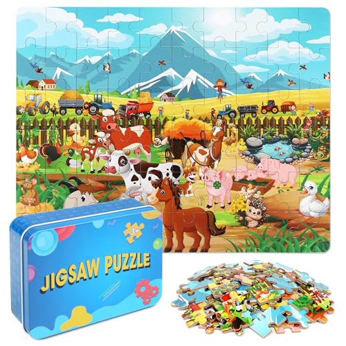 LELEMON Puzzles for Kids Ages 48 68 810 Farm Animals Jigsaw Puzzles Boys Girls Children Learning Educational Puzzles Portable Box Pack Toy 60 Pieces - Image 1