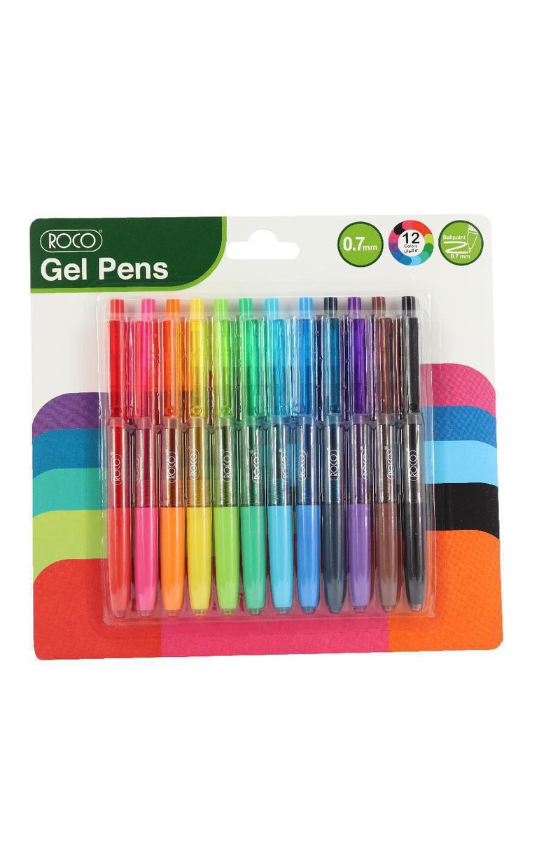 روكو قلم حبر جل بألوان حبر متنوعة، 0.7 مم، رأس حبر جاف، 12 لونًا