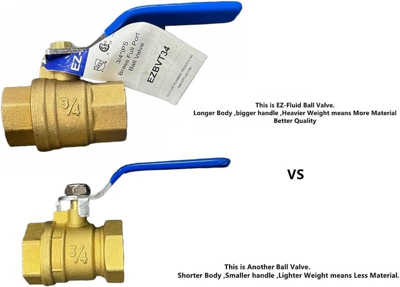 EZ-Fluid 3/4" NPT Female Threaded IPS Ball Valve Full Port Water Stop Shut Off,Heavy Duty LF Brass,Quarter Turn,Blue Handle (1-Pack) - Image 3