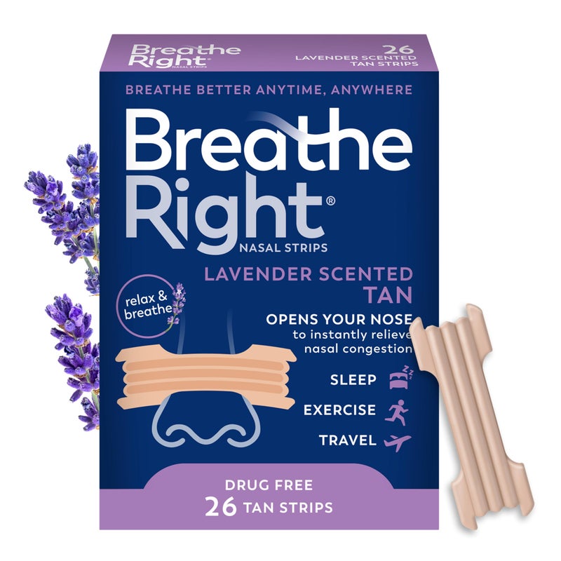 Breathe Right Nasal Strips Lavender Scent Extra Strength Tan Nasal Strips Help Stop Snoring Drug-Free Snoring Solution & Nasal Congestion Relief Caused By Colds & Allergies 26ct (packaging may vary) - Image 1