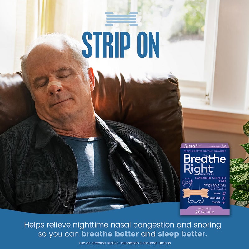 Breathe Right Nasal Strips Lavender Scent Extra Strength Tan Nasal Strips Help Stop Snoring Drug-Free Snoring Solution & Nasal Congestion Relief Caused By Colds & Allergies 26ct (packaging may vary) - Image 2