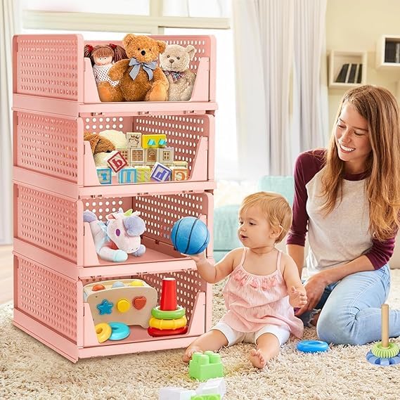 JEYANG Foldable Plastic Wardrobe Organizer - Stackable Storage Solution for Clothes, Ideal for Bathroom, Kitchen, and Bedroom Use (Pack of 8, Pink) - Image 5