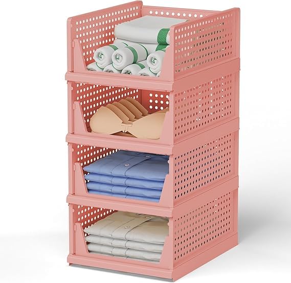 JEYANG Foldable Plastic Wardrobe Organizer - Stackable Storage Solution for Clothes, Ideal for Bathroom, Kitchen, and Bedroom Use (Pack of 8, Pink) - Image 1