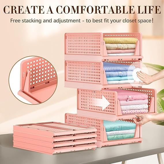 JEYANG Foldable Plastic Wardrobe Organizer - Stackable Storage Solution for Clothes, Ideal for Bathroom, Kitchen, and Bedroom Use (Pack of 8, Pink) - Image 4