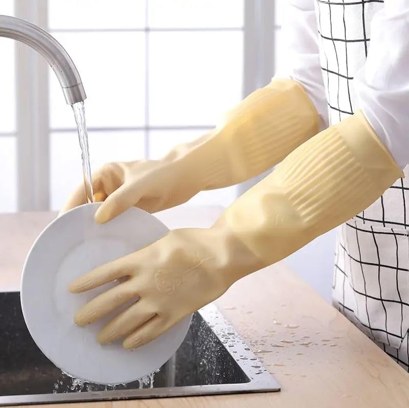 Moxtiza Dishwashing and Household Gloves | Reusable Thick Latex Kitchen Gloves with Long Sleeves for Cleaning, Washing, Gardening, Painting & Pet Care, 1 Pair - Image 2