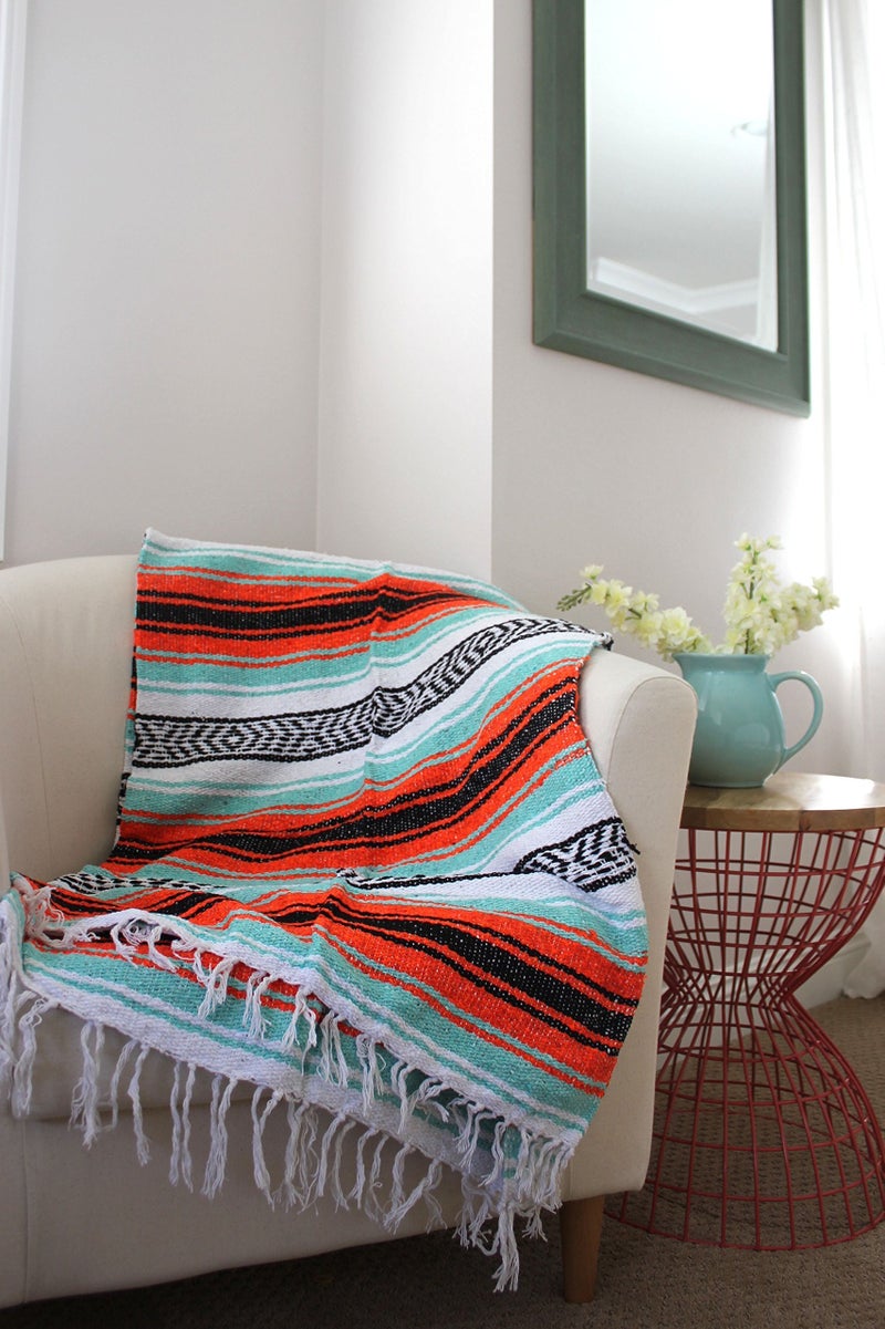 Del Mex Classic Mexican Blanket, Large Authentic Woven Falsa Throw (70"x50"), Artisan Southwest DÃ©cor for Beach, Yoga, Outdoors (Mint/Orange) - Image 3