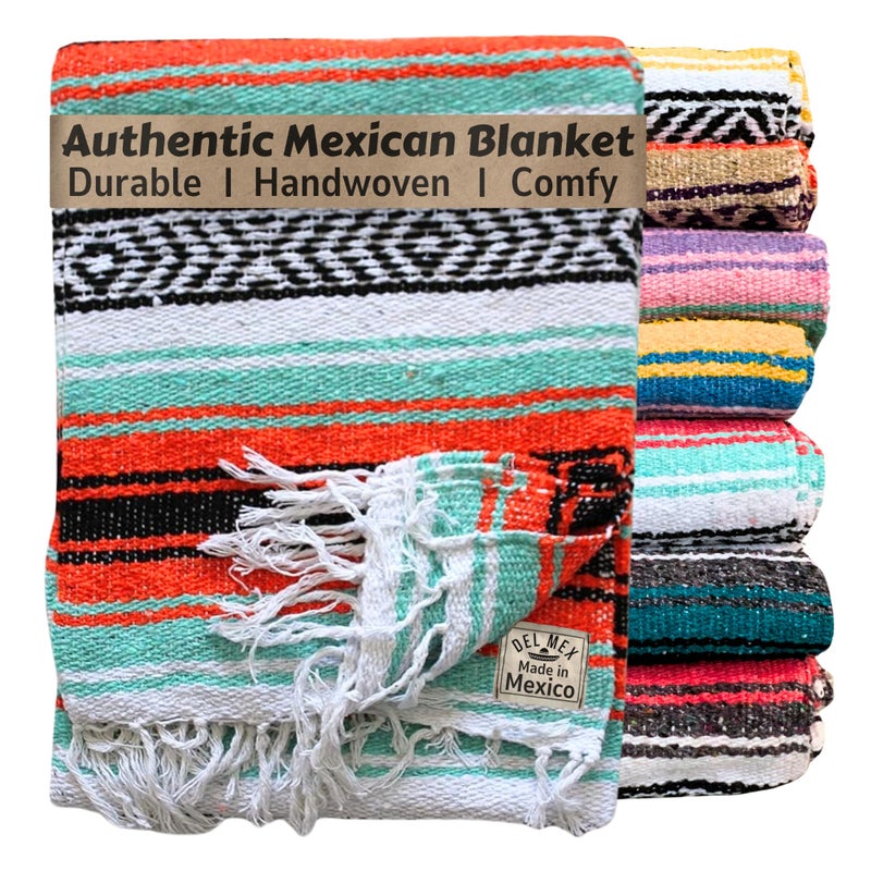 Del Mex Classic Mexican Blanket, Large Authentic Woven Falsa Throw (70"x50"), Artisan Southwest DÃ©cor for Beach, Yoga, Outdoors (Mint/Orange) - Image 1