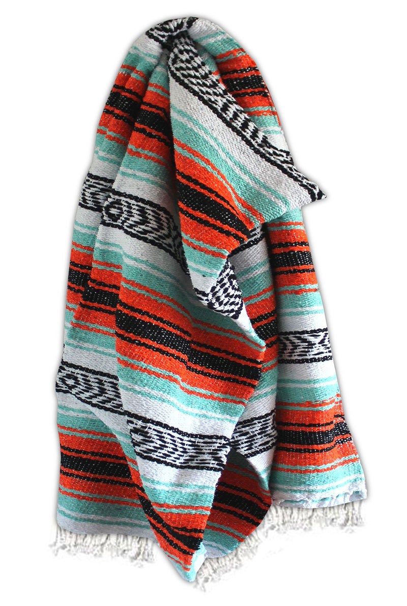 Del Mex Classic Mexican Blanket, Large Authentic Woven Falsa Throw (70"x50"), Artisan Southwest DÃ©cor for Beach, Yoga, Outdoors (Mint/Orange) - Image 5