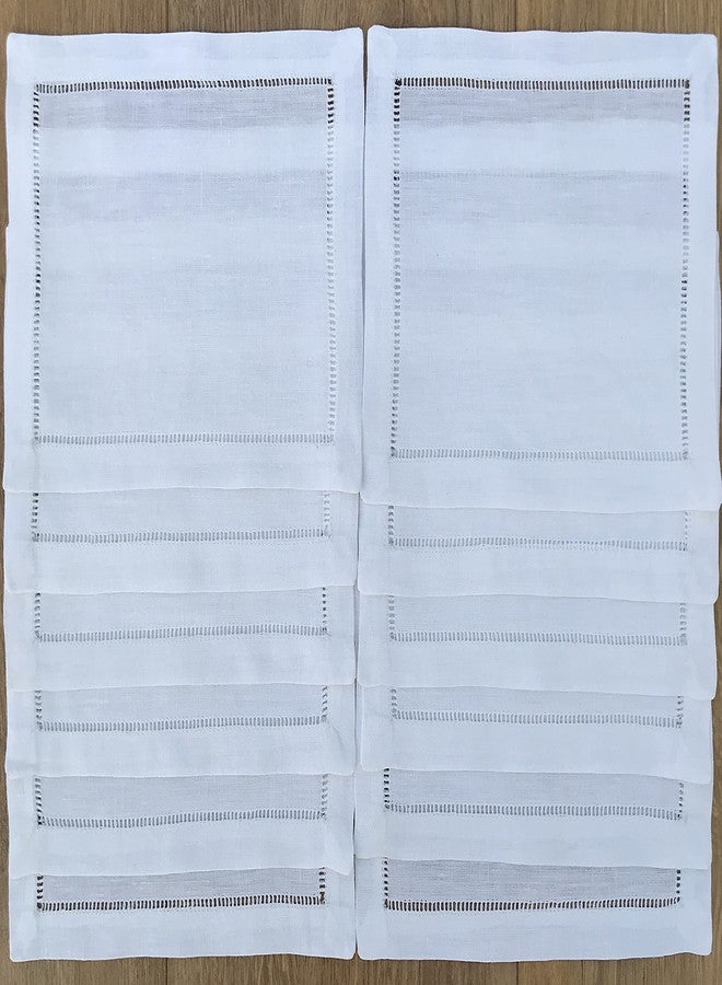 Minhcraft White Linen Cocktail Napkin 6"x8"-A Dozen Cloth Napkin Coasters-Ladder Hemstitch 100% Linen Beverage Party Napkin Coasters - Image 1