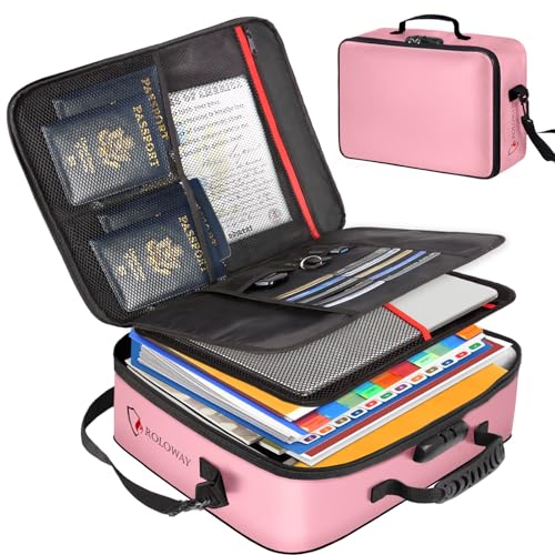 ROLOWAY Fireproof Document Bag with Lock (17 x 11.8 x 5 inch), Important Document Storage Bag with Multi-Layer File Organizers (Pink) - Image 1