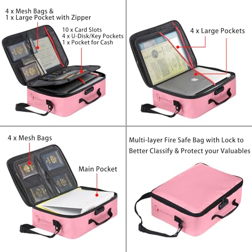 ROLOWAY Fireproof Document Bag with Lock (17 x 11.8 x 5 inch), Important Document Storage Bag with Multi-Layer File Organizers (Pink) - Image 3